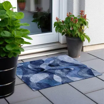 2' X 3' Navy Blue Abstract Washable Non Skid Indoor Outdoor Area Rug