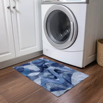 2' X 3' Navy Blue Abstract Washable Non Skid Indoor Outdoor Area Rug