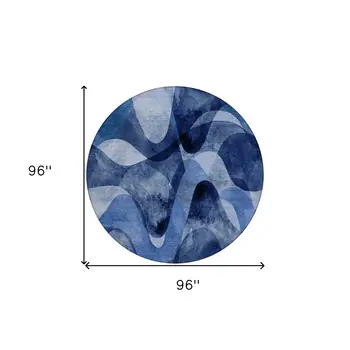 8' X 8' Navy Blue Round Abstract Washable Non Skid Indoor Outdoor Area Rug