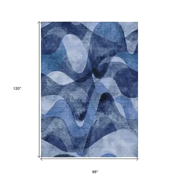 8' X 10' Navy Blue Abstract Washable Non Skid Indoor Outdoor Area Rug