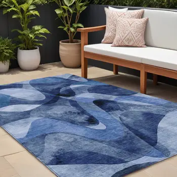 9' X 12' Navy Blue Abstract Washable Non Skid Indoor Outdoor Area Rug