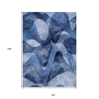 10' X 14' Navy Blue Abstract Washable Non Skid Indoor Outdoor Area Rug
