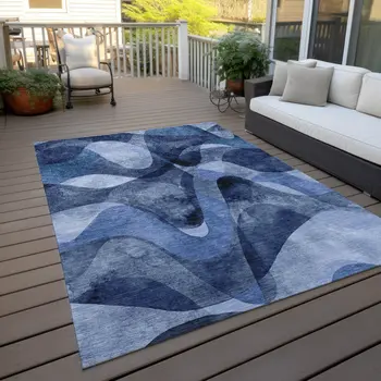 10' X 14' Navy Blue Abstract Washable Non Skid Indoor Outdoor Area Rug