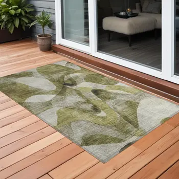 2' X 3' Olive Green Abstract Washable Non Skid Indoor Outdoor Area Rug