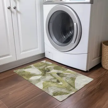 2' X 3' Olive Green Abstract Washable Non Skid Indoor Outdoor Area Rug