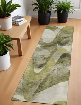 2' X 8' Olive Green Abstract Washable Non Skid Indoor Outdoor Runner Rug