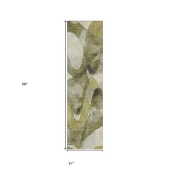 2' X 8' Olive Green Abstract Washable Non Skid Indoor Outdoor Runner Rug