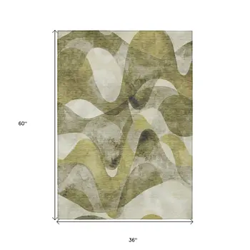 3' X 5' Olive Green Abstract Washable Non Skid Indoor Outdoor Area Rug