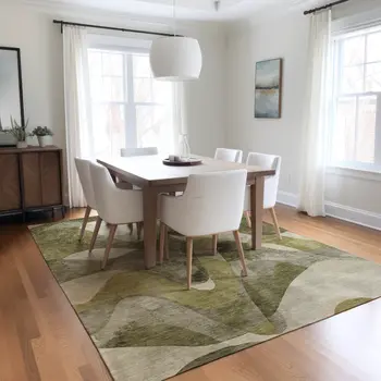 3' X 5' Olive Green Abstract Washable Non Skid Indoor Outdoor Area Rug