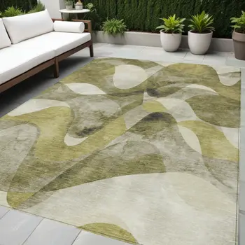 5' X 8' Olive Green Abstract Washable Non Skid Indoor Outdoor Area Rug