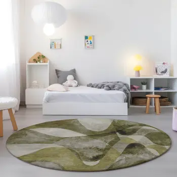 8' X 8' Olive Green Round Abstract Washable Non Skid Indoor Outdoor Area Rug
