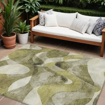 8' X 10' Olive Green Abstract Washable Non Skid Indoor Outdoor Area Rug