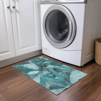 2' X 3' Teal Abstract Washable Non Skid Indoor Outdoor Area Rug