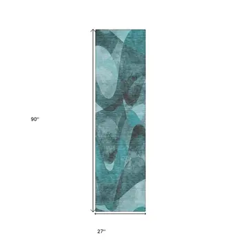 8' Runner Teal Abstract Washable Non Skid Indoor Outdoor Runner Rug