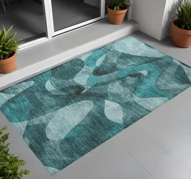 3' X 5' Teal Abstract Washable Non Skid Indoor Outdoor Area Rug