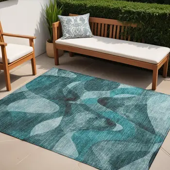 5' X 8' Teal Abstract Washable Non Skid Indoor Outdoor Area Rug