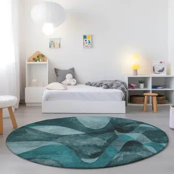 8' Round Teal Round Abstract Washable Non Skid Indoor Outdoor Area Rug