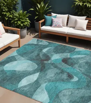 9' X 12' Teal Abstract Washable Non Skid Indoor Outdoor Area Rug