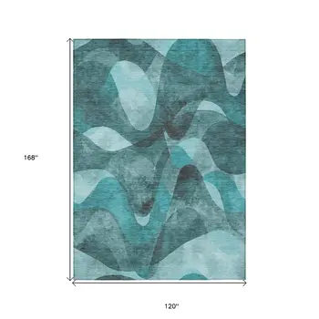 10' X 14' Teal Abstract Washable Non Skid Indoor Outdoor Area Rug