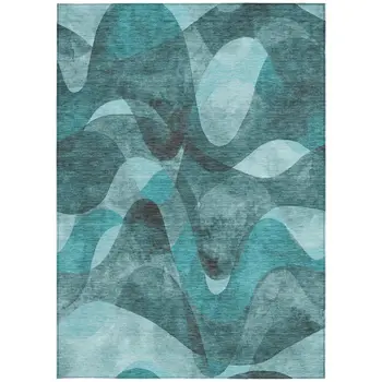 10' X 14' Teal Abstract Washable Non Skid Indoor Outdoor Area Rug