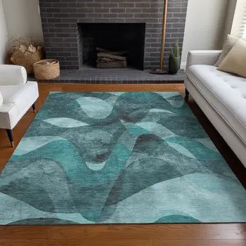 10' X 14' Teal Abstract Washable Non Skid Indoor Outdoor Area Rug