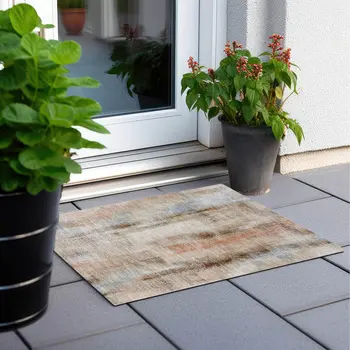 2' X 3' Beige and Brown Washable Non Skid Indoor Outdoor Area Rug