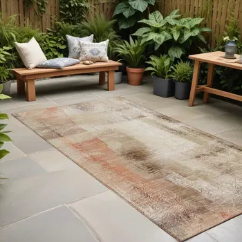 2' X 8' Beige and Brown Washable Non Skid Indoor Outdoor Runner Rug