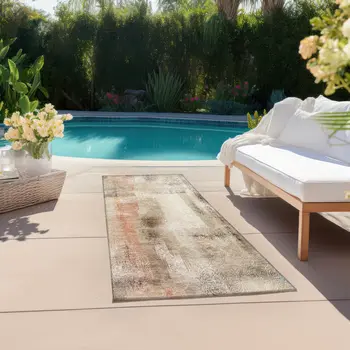 2' X 8' Beige and Brown Washable Non Skid Indoor Outdoor Runner Rug