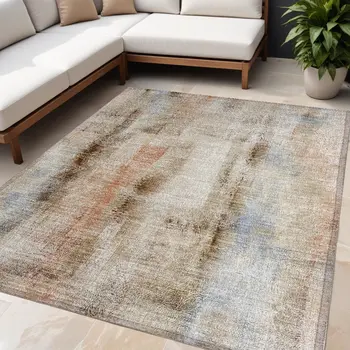 5' X 8' Beige and Brown Washable Non Skid Indoor Outdoor Area Rug