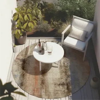 8' Round Beige and Brown Round Washable Non Skid Indoor Outdoor Area Rug