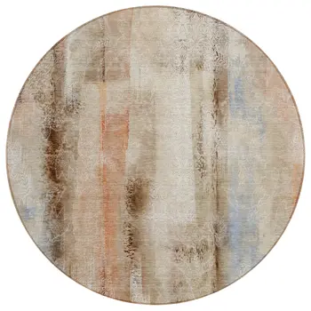8' Round Beige and Brown Round Washable Non Skid Indoor Outdoor Area Rug