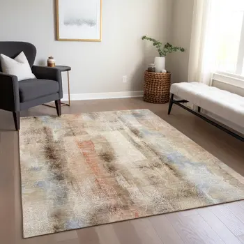 8' X 10' Beige and Brown Washable Non Skid Indoor Outdoor Area Rug