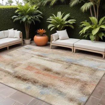10' X 14' Beige and Brown Washable Non Skid Indoor Outdoor Area Rug