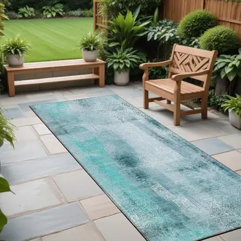 8' Runner Teal Washable Non Skid Indoor Outdoor Runner Rug