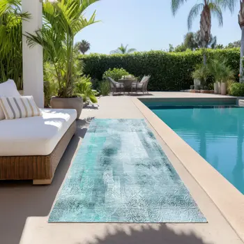 8' Runner Teal Washable Non Skid Indoor Outdoor Runner Rug