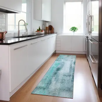 8' Runner Teal Washable Non Skid Indoor Outdoor Runner Rug