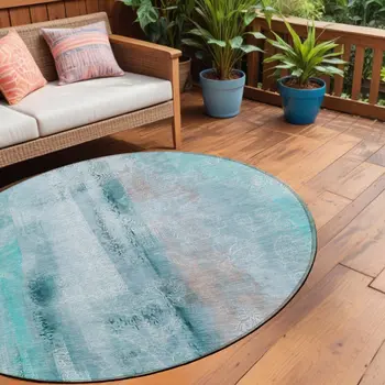 8' Round Teal Round Washable Non Skid Indoor Outdoor Area Rug