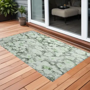 2' X 3' Artichoke Green Floral Washable Non Skid Indoor Outdoor Area Rug