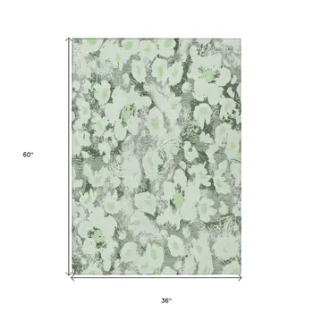 3' X 5' Artichoke Green Floral Washable Non Skid Indoor Outdoor Area Rug