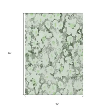 5' X 8' Artichoke Green Floral Washable Non Skid Indoor Outdoor Area Rug