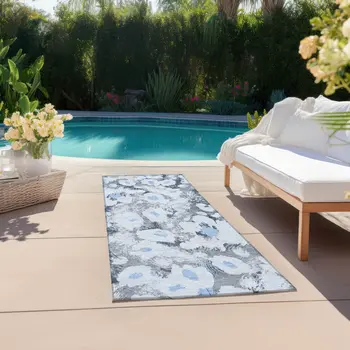 8' Runner Denim Blue Floral Washable Non Skid Indoor Outdoor Runner Rug
