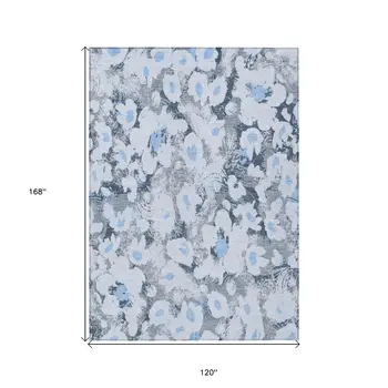 10' X 14' Denim Blue Floral Washable Non Skid Indoor Outdoor Area Rug