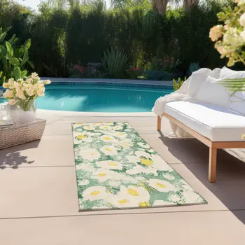 8' Runner Green Floral Washable Non Skid Indoor Outdoor Runner Rug