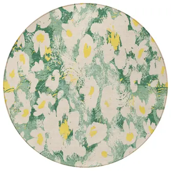 8' Round Green Round Floral Washable Non Skid Indoor Outdoor Area Rug