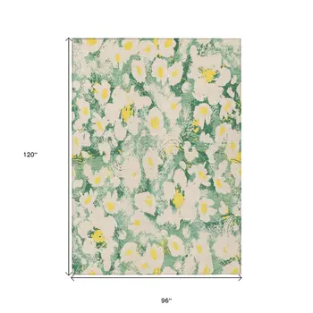 8' X 10' Green Floral Washable Non Skid Indoor Outdoor Area Rug