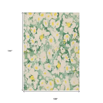 9' X 12' Green Floral Washable Non Skid Indoor Outdoor Area Rug