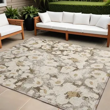 10' X 14' Khaki Floral Washable Non Skid Indoor Outdoor Area Rug