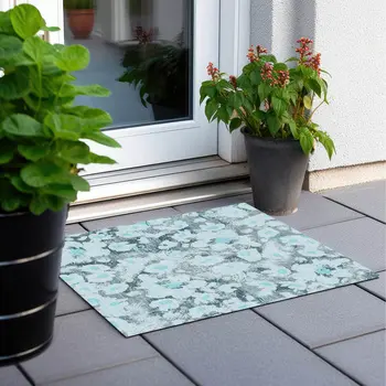 2' X 3' Teal Floral Washable Non Skid Indoor Outdoor Area Rug