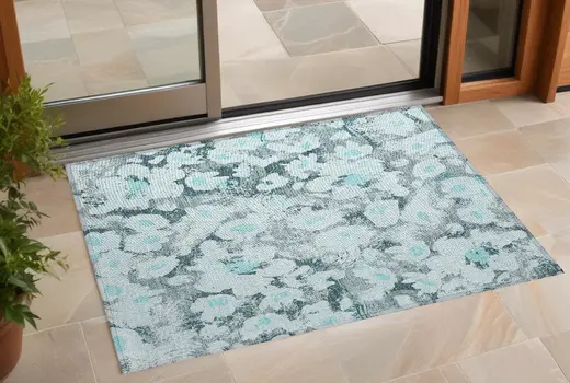 2' X 3' Teal Floral Washable Non Skid Indoor Outdoor Area Rug
