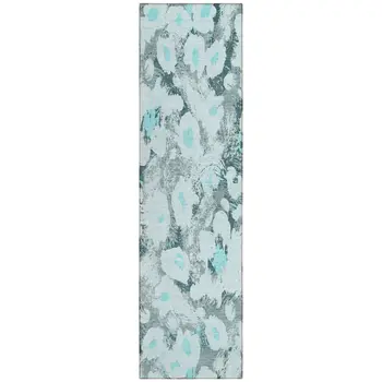 8' Runner Teal Floral Washable Non Skid Indoor Outdoor Runner Rug